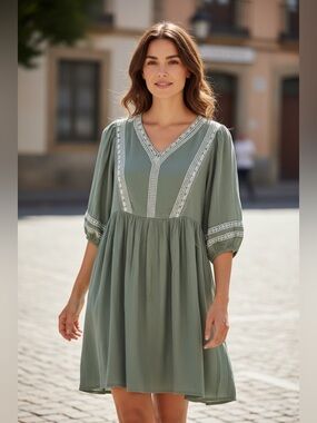 Boho V-Neck Mini Dress in Sage Green